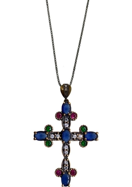 Doğal Taşlı Gümüş Otantik Haç 3x5 cm