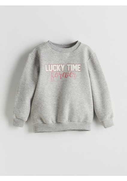 Yeni Sezon Bisiklet Yaka Yazı Baskılı Kız Çocuk Sweatshirt