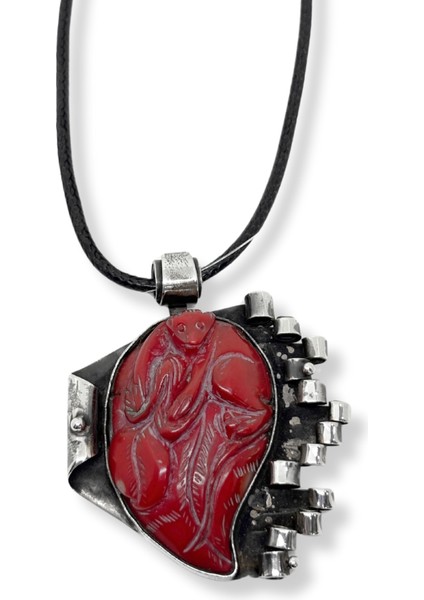 Gümüş Çerçeveli Oyma Mercan Doğal Taş Gümüş Kadın Kolye-Dt