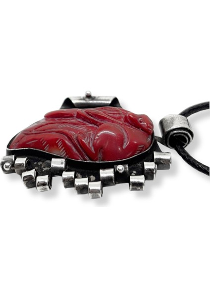 Gümüş Çerçeveli Oyma Mercan Doğal Taş Gümüş Kadın Kolye-Dt fiyatları