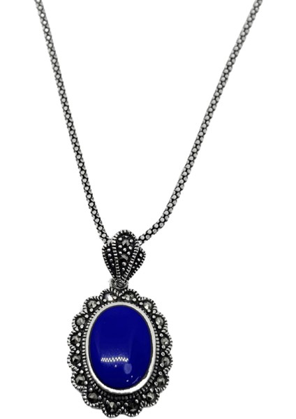 Authentic Markazit Işıltılı Lapis Lazuli Gümüş Vintage Kadın Kolye