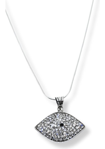 Beyaz Işıltı Bezeli Göz Charm Gümüş Kadın Kolye Model-2