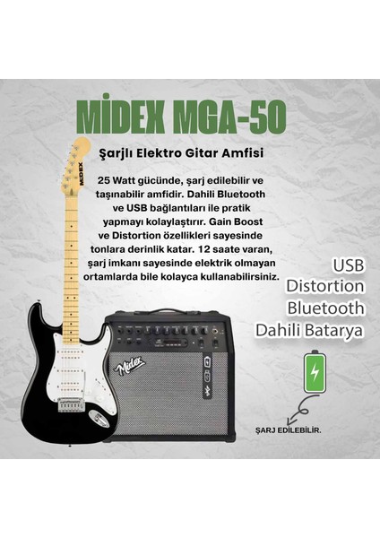 RPH-40WB-50AMP Siyah Beyaz 50W Şarjlı BT Amfili Elektro Gitar Seti HSH Manyetik Maple Klavye fiyatları