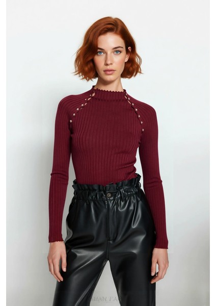 Kadın Basic Siluet Uzun Kol Triko Kazak Modern Dik Yaka Aksesuar Detaylı Gündüz Gece Kaliteli