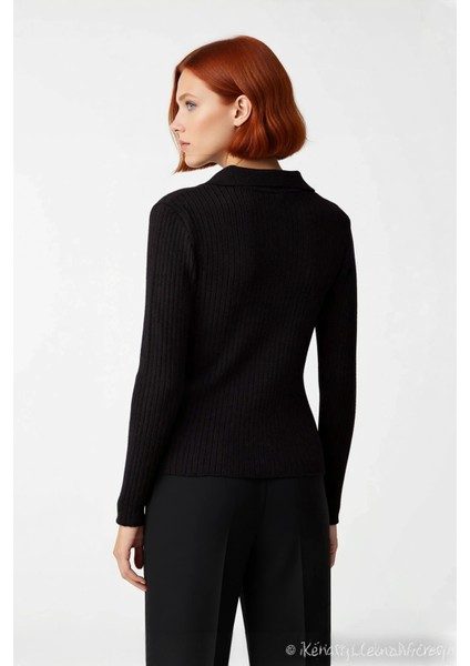 Kadın Siyah Fitilli Triko Üst Fitted Kesim Polo Yaka Bağlamalı Günlük Şık Kombinler Için Ideal fiyatları