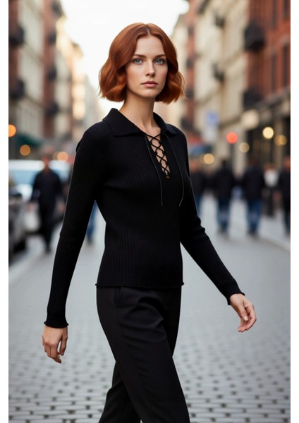 Kadın Siyah Fitilli Triko Üst Fitted Kesim Polo Yaka Bağlamalı Günlük Şık Kombinler Için Ideal modelleri