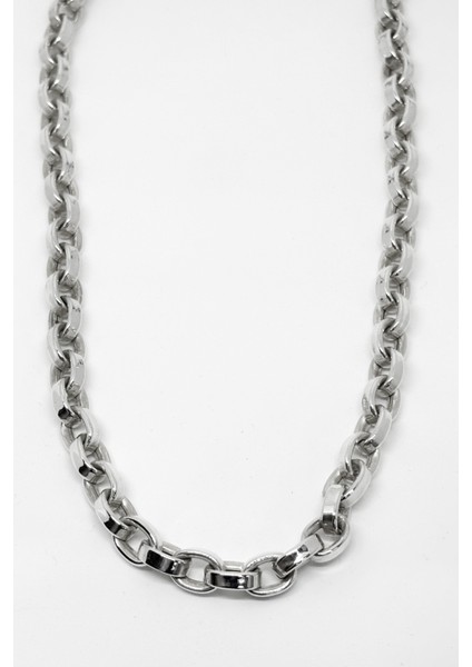 Kalın Düz Oval Gümüş Zincir Kolye 47CM