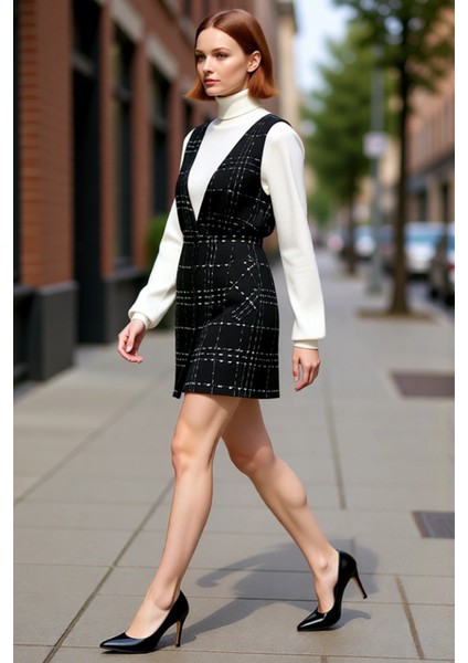 Kadın Tüvit Dokulu V Yaka Jile Elbise Ekose Desenli Mini Boy Kışlık Günlük Şıklık Sunuyor Kaliteli modelleri