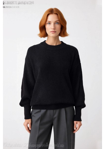 Kadın Oversize Basic Uzun Balon Kol Selanik Dokuma Triko Kazak 100% Akrilik Soğuk Havalar Kaliteli