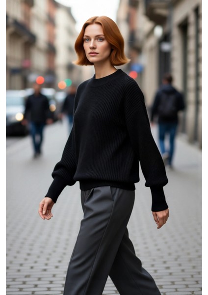 Kadın Oversize Basic Uzun Balon Kol Selanik Dokuma Triko Kazak 100% Akrilik Soğuk Havalar Kaliteli modelleri