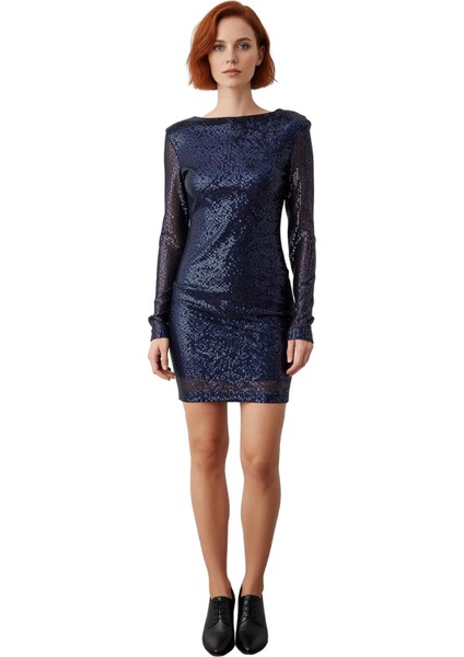 Kadın Kayık Yaka Lacivert Payetli Bodycon Siluet Mini Gece Elbisesi Uzun Kollu Mezuniyet Balo