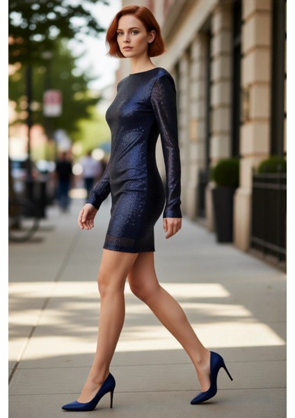 Kadın Kayık Yaka Lacivert Payetli Bodycon Siluet Mini Gece Elbisesi Uzun Kollu Mezuniyet Balo modelleri