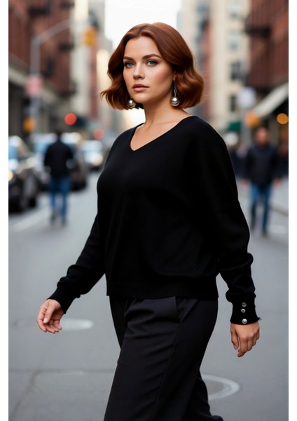 Kadınlara Özel Siyah V Yaka Relaxed Kalıp Triko Kazak Uzun Kol Günlük Kombinlerin Vazgeçilmezi modelleri