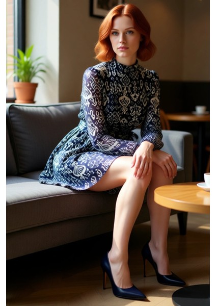 Kadın Astarlı Skater Kalıp Etnik Desenli Şifon Mini Elbise Kuşaklı Dik Yaka Uzun Kol Detaylı Şık fırsatları