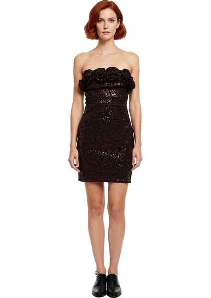 Kadın Kolsuz Bodycon Siluet Payet Dokulu Straplez Mini Elbise Zarafetli Davetler Için Örme Kumaş