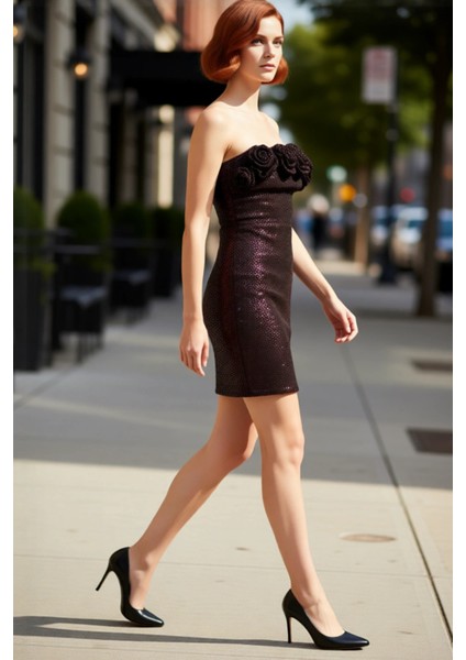 Kadın Kolsuz Bodycon Siluet Payet Dokulu Straplez Mini Elbise Zarafetli Davetler Için Örme Kumaş modelleri