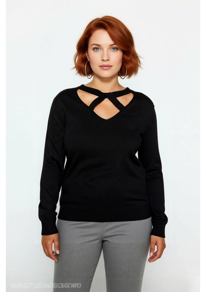 Kadın Triko Kazak V Yaka Kesik Detaylı Standart Kol Regular Kalıp Basic Günlük Giyim Için Ideal