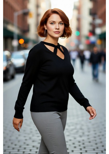 Kadın Triko Kazak V Yaka Kesik Detaylı Standart Kol Regular Kalıp Basic Günlük Giyim Için Ideal modelleri