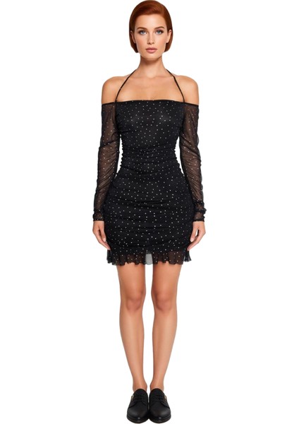 Kadın Vücuda Oturan Puantiyeli Mini Tül Elbise Carmen Yaka Uzun Kol Detaylı Abiye Özel Günler Için