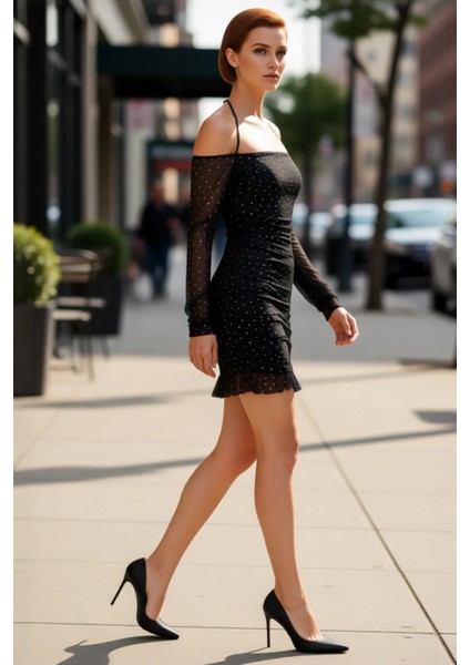 Kadın Vücuda Oturan Puantiyeli Mini Tül Elbise Carmen Yaka Uzun Kol Detaylı Abiye Özel Günler Için modelleri