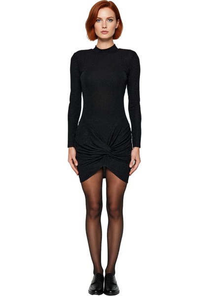 Kadın Siyah Simli Örme Bodycone Uzun Kollu Dik Yaka Abiye Kısa Elbise Gece Davetleri Için Şık