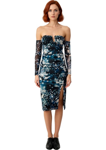 Kadın Fashion Forward Tarz Astarlı Soyut Desenli Tül Dokuma Midi Kokteyl Elbisesi Zarif Kaliteli