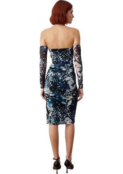 Kadın Fashion Forward Tarz Astarlı Soyut Desenli Tül Dokuma Midi Kokteyl Elbisesi Zarif Kaliteli fiyatları