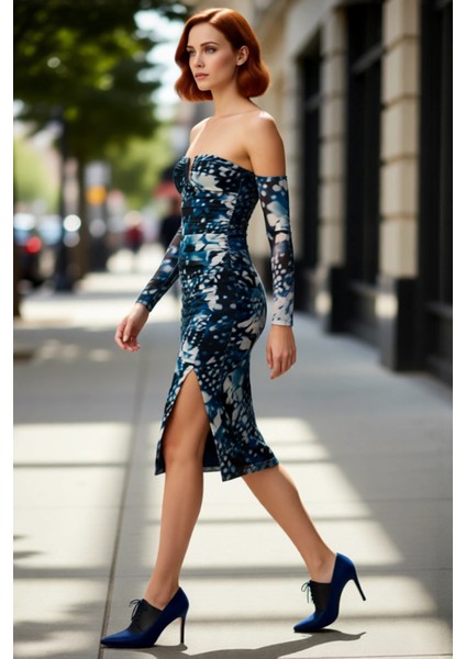 Kadın Fashion Forward Tarz Astarlı Soyut Desenli Tül Dokuma Midi Kokteyl Elbisesi Zarif Kaliteli modelleri