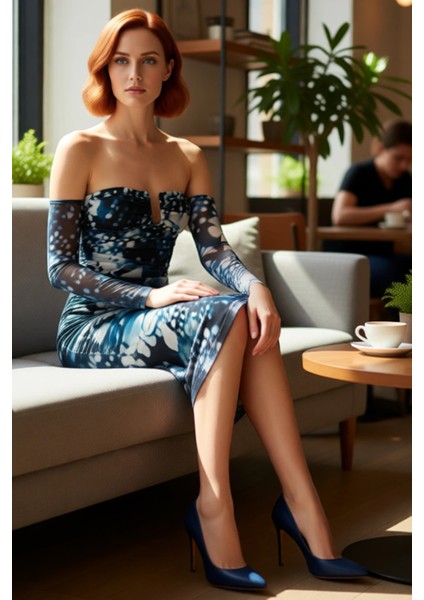 Kadın Fashion Forward Tarz Astarlı Soyut Desenli Tül Dokuma Midi Kokteyl Elbisesi Zarif Kaliteli fırsatları