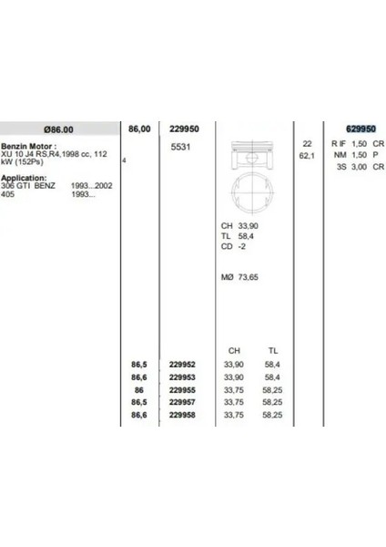 629950 Segman Olcu: Std 0628G7 95650954 (4 Adet Fiyatıdır)