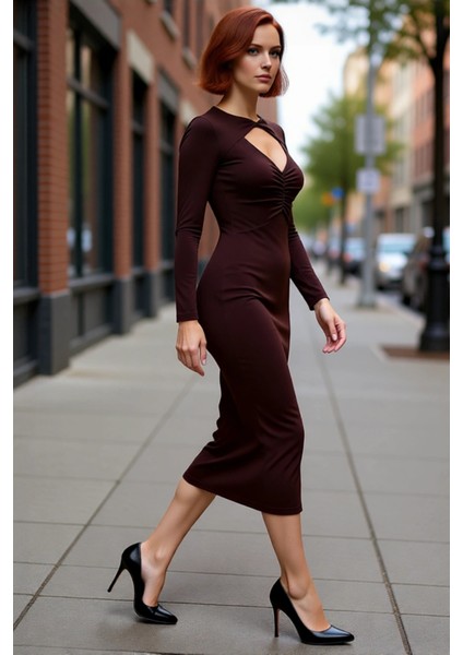 Kadın Bodycone Kalıp Uzun Kollu Midi Boy Düz Desenli Choker Yaka Sandy Dokuma Özel Gün Elbisesi modelleri