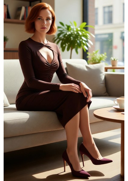 Kadın Bodycone Kalıp Uzun Kollu Midi Boy Düz Desenli Choker Yaka Sandy Dokuma Özel Gün Elbisesi fırsatları