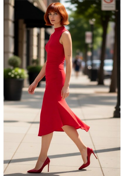 Kadın Midi Boy Abiye Elbise Skater Kalıp Dik Yaka Kolsuz Düz Desen Şık ve Zarif Görünüm Sunar modelleri