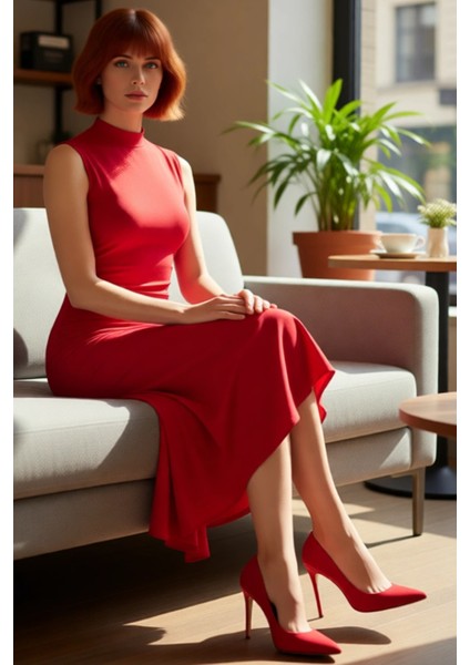 Kadın Midi Boy Abiye Elbise Skater Kalıp Dik Yaka Kolsuz Düz Desen Şık ve Zarif Görünüm Sunar fırsatları