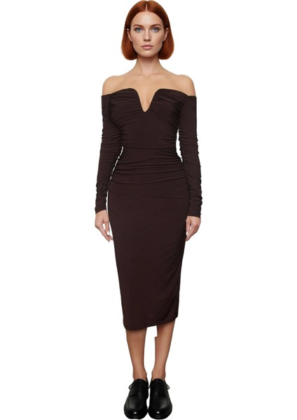 Kadın Astarsız Bodycone Siluet Uzun Kollu Büzgülü Örme Kokteyl Elbisesi Kış Sezonu Kaliteli