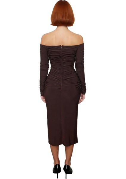 Kadın Astarsız Bodycone Siluet Uzun Kollu Büzgülü Örme Kokteyl Elbisesi Kış Sezonu Kaliteli fiyatları