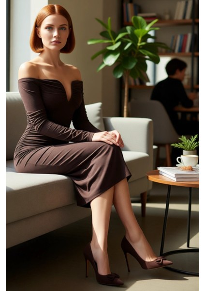 Kadın Astarsız Bodycone Siluet Uzun Kollu Büzgülü Örme Kokteyl Elbisesi Kış Sezonu Kaliteli fırsatları