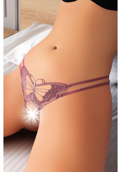 Özel Bölgesi Açık Kelebek Işlemeli Fantezi Desenli Taşlı Vizon Tanga String