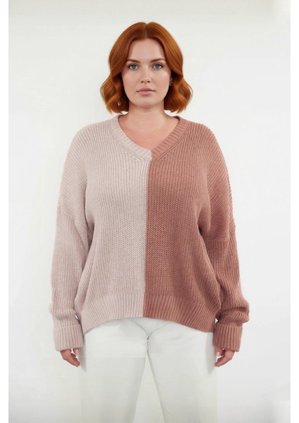 Kadın Relaxed Kalıp V Yaka Akrilik Triko Kazak Renk Bloklu Uzun Kollu Günlük Selanik Örgü Kış