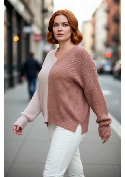 Kadın Relaxed Kalıp V Yaka Akrilik Triko Kazak Renk Bloklu Uzun Kollu Günlük Selanik Örgü Kış modelleri