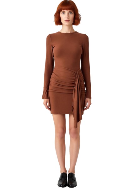 Kadın Bodycon Bisiklet Yaka Mini Elbise Uzun Kollu Mikro Likralı Kışlık Şık Örme Kaliteli