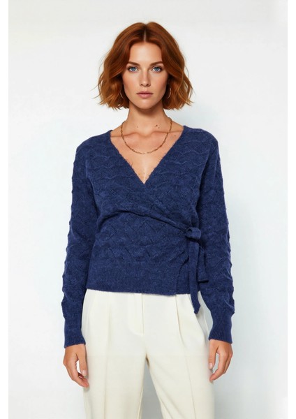 Kadın Ajurlu Dokuma Kruvaze Yaka Triko Kazak Regular Kalıp Uzun Kol Kış Günleri Için Ideal Seçim