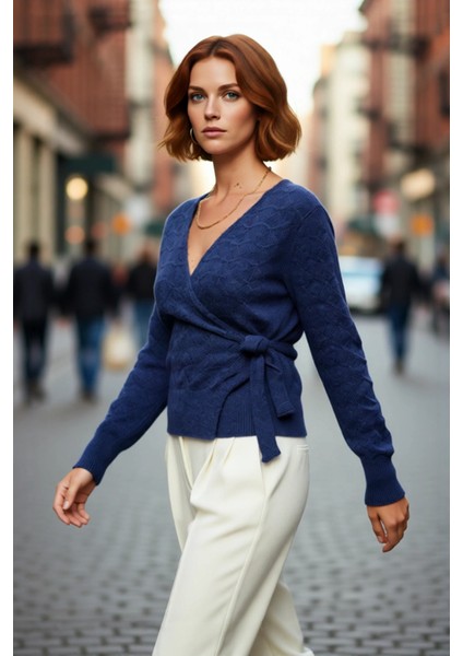 Kadın Ajurlu Dokuma Kruvaze Yaka Triko Kazak Regular Kalıp Uzun Kol Kış Günleri Için Ideal Seçim modelleri