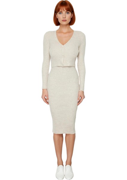 Kadın Bodycon Kesim Düz Triko Elbise Uzun Kollu V Yaka Midi Boy Sonbahar Kış Şıklığı Kaliteli