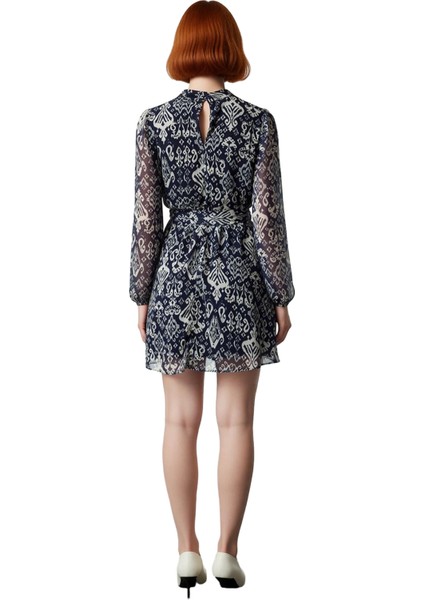 Kadın Astarlı Skater Kalıp Etnik Desenli Şifon Mini Elbise Kuşaklı Dik Yaka Uzun Kol Detaylı Şık fiyatları