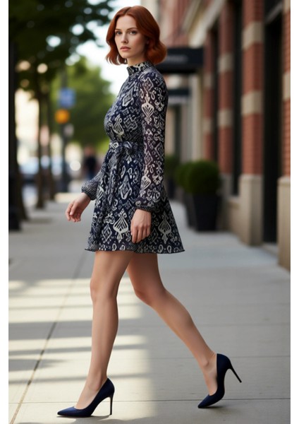 Kadın Astarlı Skater Kalıp Etnik Desenli Şifon Mini Elbise Kuşaklı Dik Yaka Uzun Kol Detaylı Şık modelleri