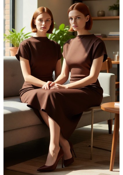 Kadınlar Için A Kesim Düz Desen Midi Elbise Düşük Kol ve Büzgü Detaylı Finike Dokuma Zarif fırsatları