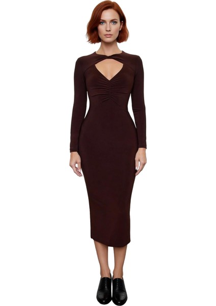 Kadın Bodycone Kalıp Uzun Kollu Midi Boy Düz Desenli Choker Yaka Sandy Dokuma Özel Gün Elbisesi