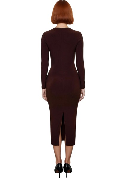 Kadın Bodycone Kalıp Uzun Kollu Midi Boy Düz Desenli Choker Yaka Sandy Dokuma Özel Gün Elbisesi fiyatları