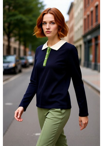 Kadın Triko Kazak Lacivert Renk Bloklu Polo Yaka Taş Düğmeli Soğuk Havalar Için Ideal Seçim modelleri